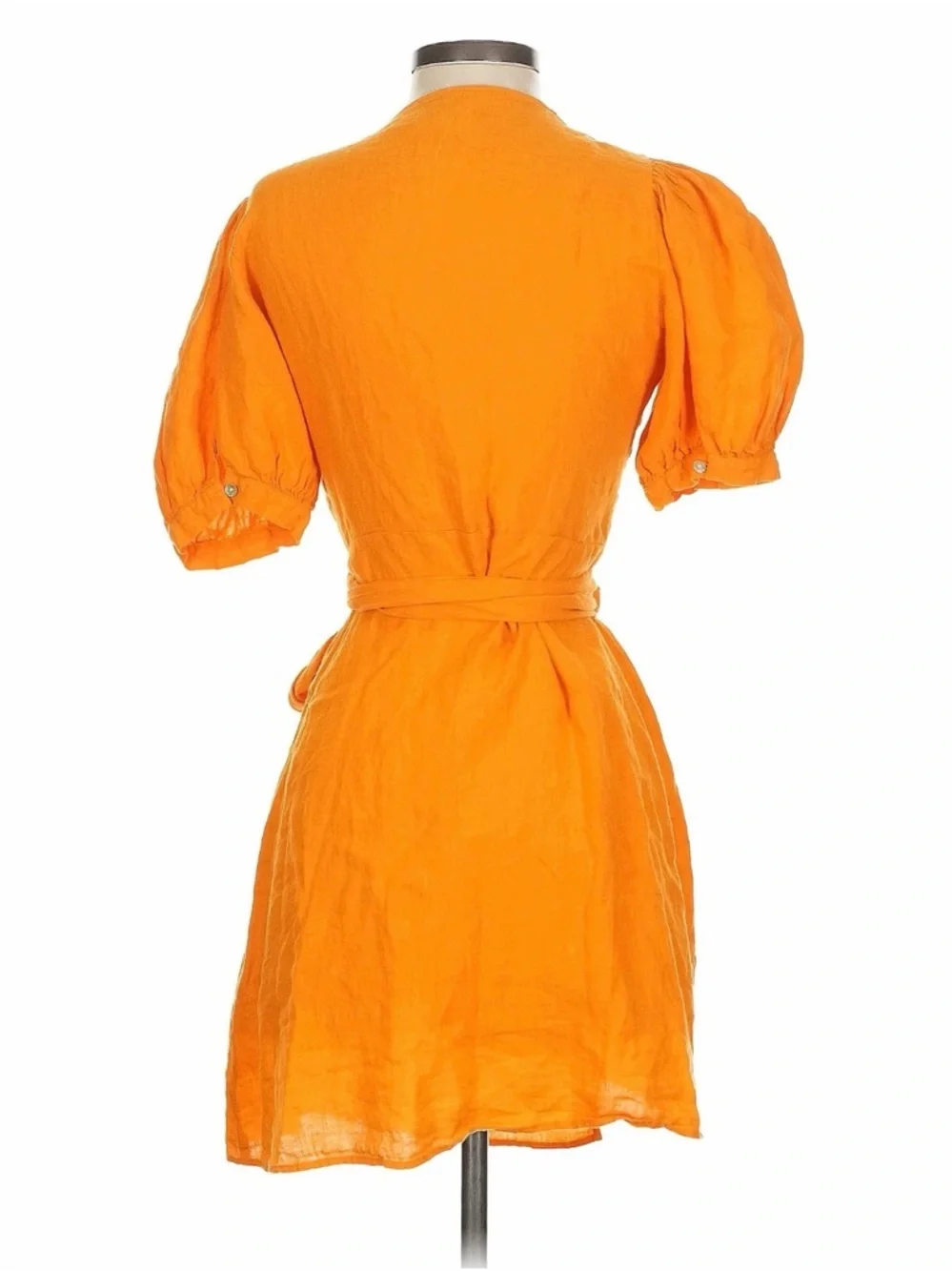Zara Women’s Linen Orange Wrap Mini Dress with Puff Sleeves - Picture 5 of 9